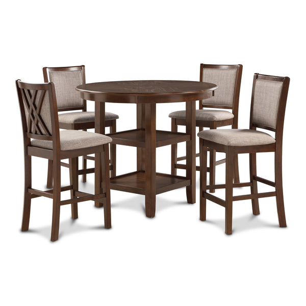 The Amy 5-piece counter dining set is meticulously crafted of solid Rubberwood and Mindi veneers creating a durable and visually appealing dining set. The traditional brown cherry finish, achieved through a multistep process, gracefully adorns both the ch