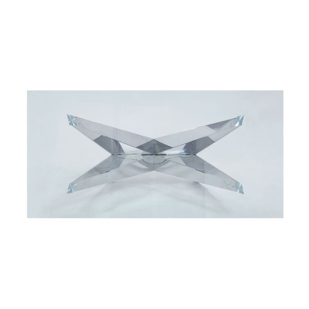 The Dekel dining set brings a modern twist to classic Hollywood glamor with glimmering glass and stainless steel. The unique angles of the dining tableâ€™s metal base contrasts beautifully with the soft upholstery of the side chairs, which feature seat ba