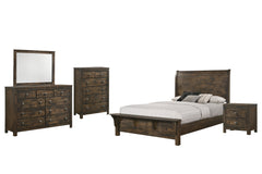 The 5 Piece King Blue Ridge Collection by New Classic Furniture offers a harmonious blend of sustainability and timeless design. Crafted from reclaimed solid wood, sourced from various origins, this set embraces eco-friendly construction, contributing to 
