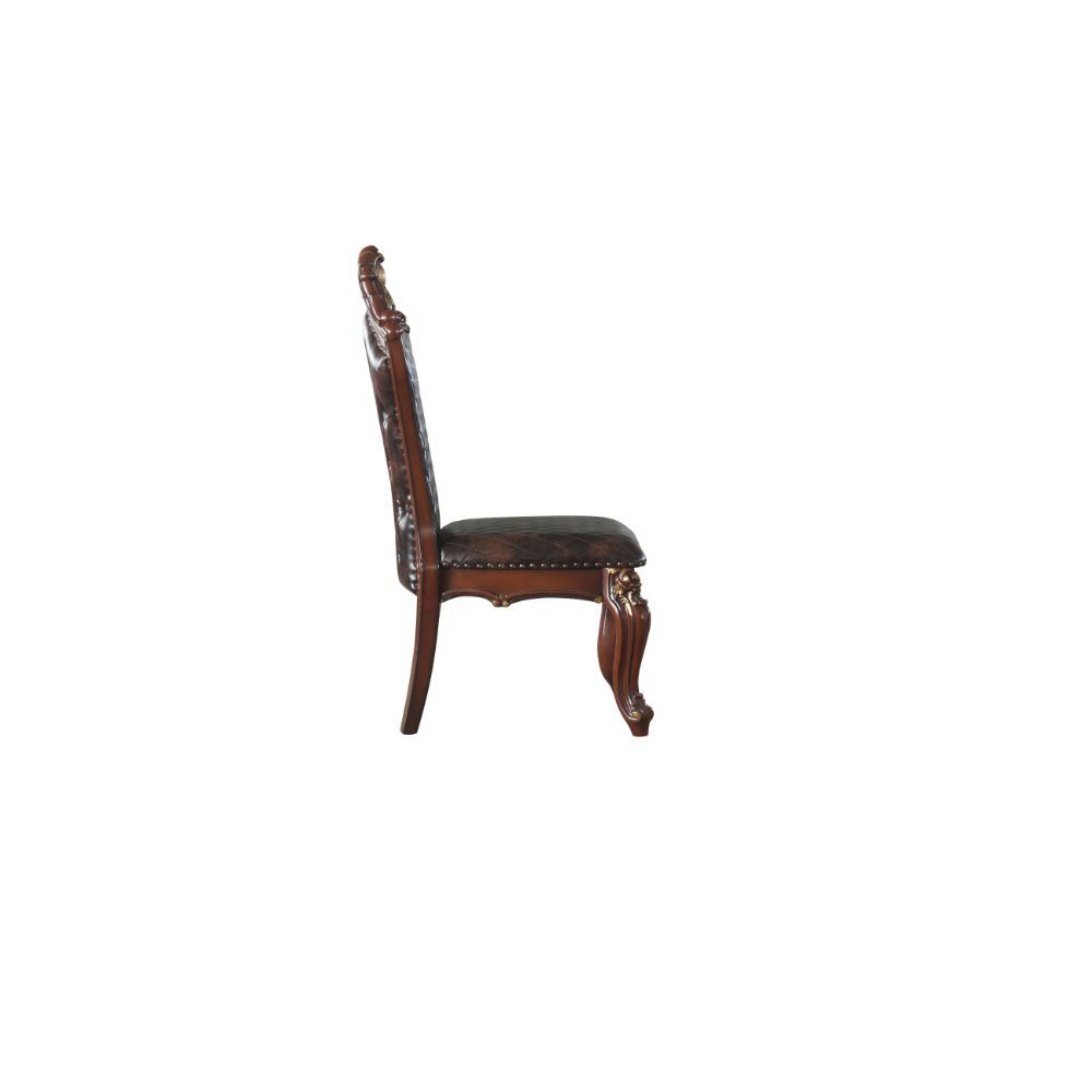 KD, Armless Chair (High Backrest) Stationary Seat: Standard Dining Height Padded SEAT & BACK: PU, Nailhead Trim Arched Backrest: Button Tufted Outside, Wood Frame with Oversized Crown and Raised Scrolled Motifs Wooden Scalloped Apron Seat: Raised Molding 