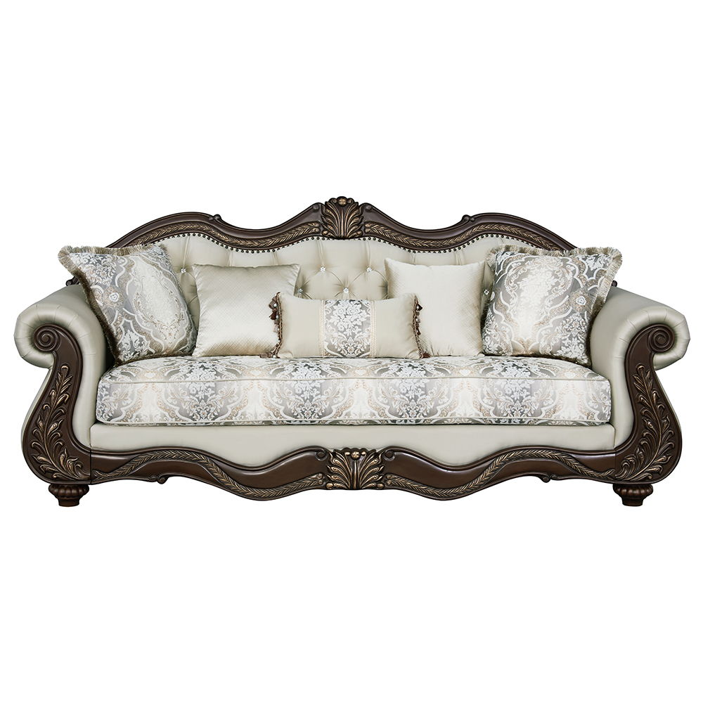 Pierce collection sofa set brings timeless elegance to your living space with its beige fabric and cherry finish. The set includes tight back and loose seat cushions with pocket coil construction for ultimate comfort. A wooden inner frame ensures durabili
