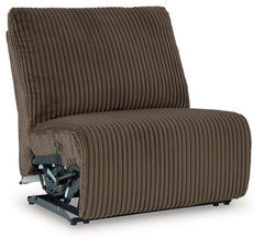 This armless recliner is made with polyester upholstery. Pairs with other items in the series to make a sectional.<br><br><b>Additional Dimensions</b><br><ul><li>Seat depth: 23-"</li><li>Seat height: 20-"</li><li>Fully reclined length: 66-"</li><li>Distan
