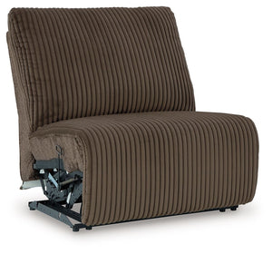 This armless recliner is made with polyester upholstery. Pairs with other items in the series to make a sectional.<br><br><b>Additional Dimensions</b><br><ul><li>Seat depth: 23-"</li><li>Seat height: 20-"</li><li>Fully reclined length: 66-"</li><li>Distan