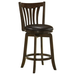 Classic style infuses a traditional swivel counter stool. Perfect for coffee, a nightcap and everything in between, the stool boasts a 360-degree swivel seat with plush foam padding. Its dark brown faux leather upholstery is smooth and inviting, perfectly