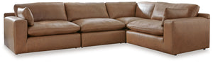 Catering to your contemporary lifestyle, this sectional is a handsome marriage of masculine and feminine sensibilities. Feather-fiber cushions and bolster pillows soften the look of its chunky, linear silhouette. A warmly hued combination of leather and f
