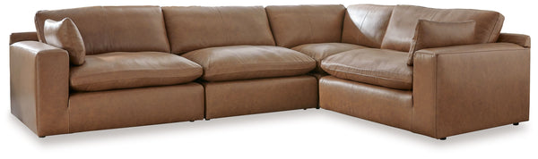 Catering to your contemporary lifestyle, this sectional is a handsome marriage of masculine and feminine sensibilities. Feather-fiber cushions and bolster pillows soften the look of its chunky, linear silhouette. A warmly hued combination of leather and f