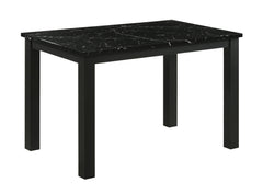 This dining group radiates modern elegance with a sleek, minimalist design that-'s both stylish and practical. The centerpiece is a contemporary table featuring a sophisticated faux-marble top that elevates the aesthetic while providing a durable and easy