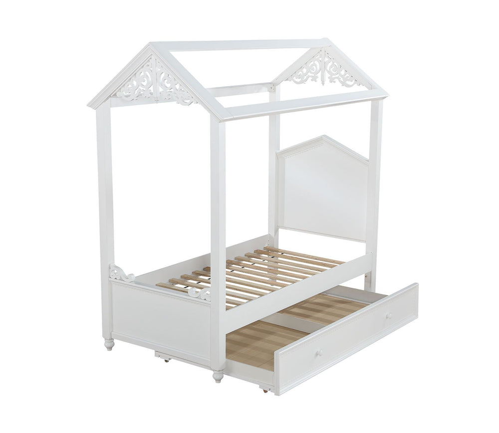 Your children will adore the magical Rapunzel bed that evokes the spirit and appeal of a cottage house. This unique canopy bed sits inside a classic house frame, with an arched headboard, low profile footboard and canopy with raised molding trim and scrol