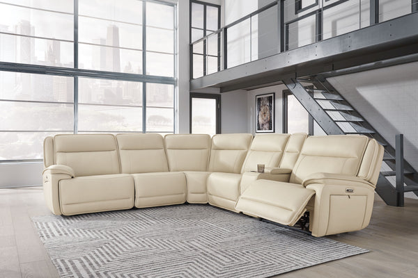 Double Deal - Almond - 6-Piece Power Reclining Sectional With Console