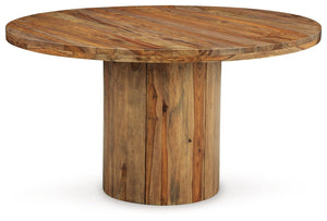 Discover something extraordinary with this clean-lined dining table. The rich natural beauty of the solid wood round pedestal and sturdy top brings an organically stunning vibe to your home. Strikingly simple, this piece creates an understated, modern fea