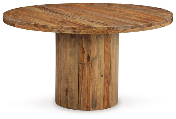 Discover something extraordinary with this clean-lined dining table. The rich natural beauty of the solid wood round pedestal and sturdy top brings an organically stunning vibe to your home. Strikingly simple, this piece creates an understated, modern fea