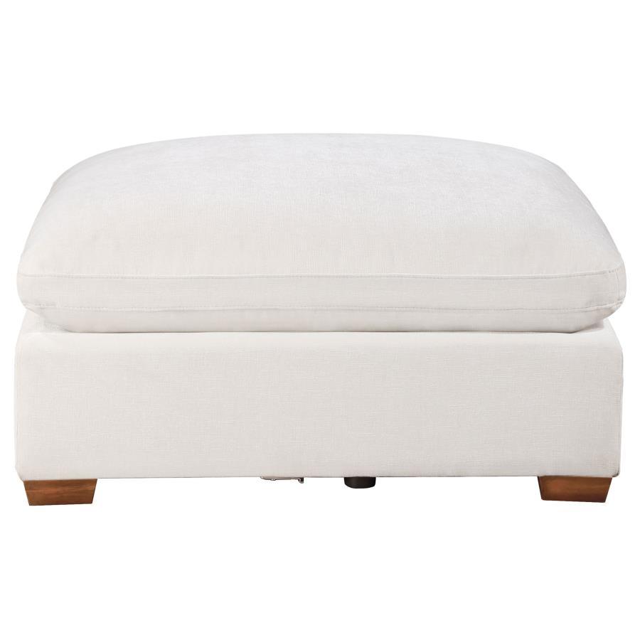 With the easy style of ultra-modern living, the ottoman delivers a streamlined motif with ultimate versatility. A classic layered design offers plush, plump aesthetics merged with a boxy, wood-constructed base. Smooth fabric upholstery covers wood framing