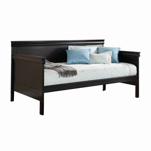 The Bailee daybed transitional collection is a great option for your guest room. Its multi-functional use offers comfortable lounging and/or cozy sleeping areas. Features streamlined panel back, side arms and roll-out trundle bed in rich black finish. Car