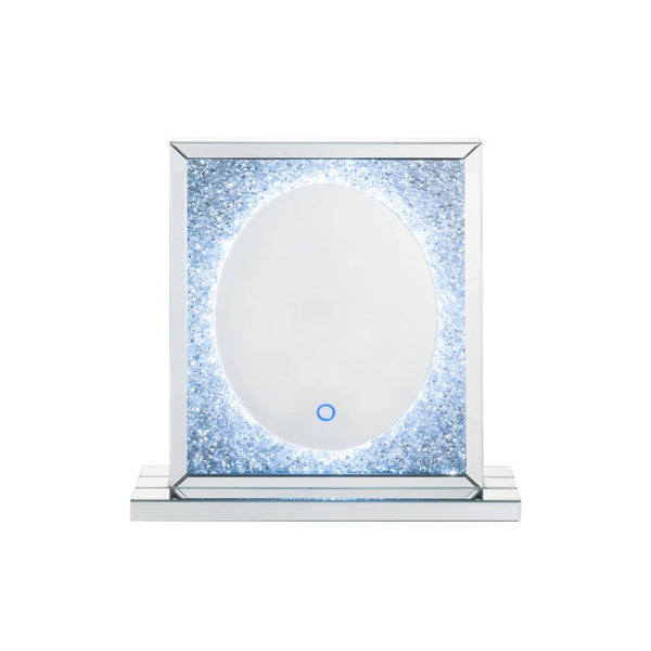 The Noralie mirror offers function and style to any modern setting. This rectangular mirror features LED lighting that operates through touch control. Its frame crafted from durable engineered wood and features beveled mirrored border trim with faux diamo