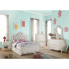 Create the dream bedroom for your little girl with Edalene collection. Beautiful accents are seen throughout including clear rosette knobs and tapered legs. The bed features a pearl white tufted headboard. With many storage options and details like floral