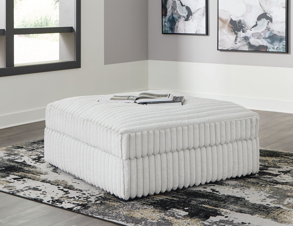 Donâ€™t want to sacrifice standout style for a cozy seating companion? This oversized accent ottoman pairs bold character with kick-back comfort. Its retro-cool jumbo cord over a feather-blend cushion creates a luxuriously soft lounging experience. With t
