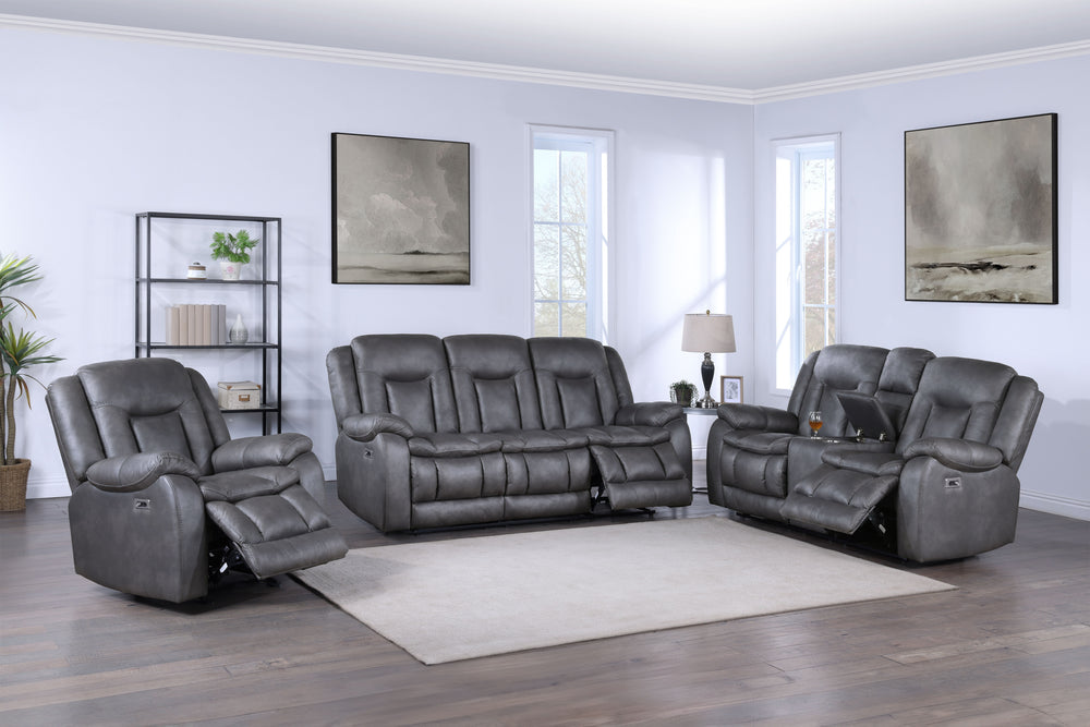 The Morello 3 Piece Power Reclining Sofa, Console Loveseat, and Glider Recliner in gray is a standout choice for your living room. This set includes a power sofa, a power console loveseat, and a glider recliner, all upholstered in sumptuously soft 100% po