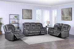 The Morello 3 Piece Power Reclining Sofa, Console Loveseat, and Glider Recliner in gray is a standout choice for your living room. This set includes a power sofa, a power console loveseat, and a glider recliner, all upholstered in sumptuously soft 100% po