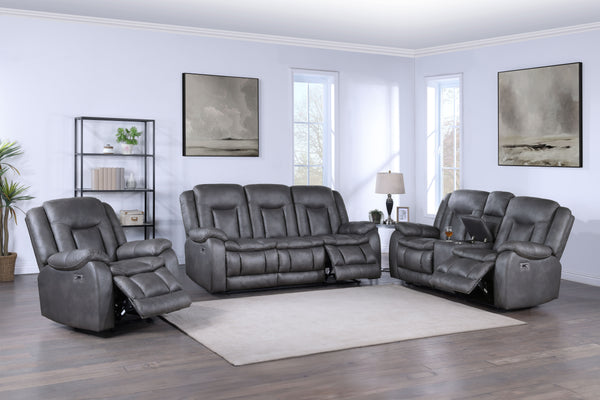 The Morello 3 Piece Power Reclining Sofa, Console Loveseat, and Glider Recliner in gray is a standout choice for your living room. This set includes a power sofa, a power console loveseat, and a glider recliner, all upholstered in sumptuously soft 100% po