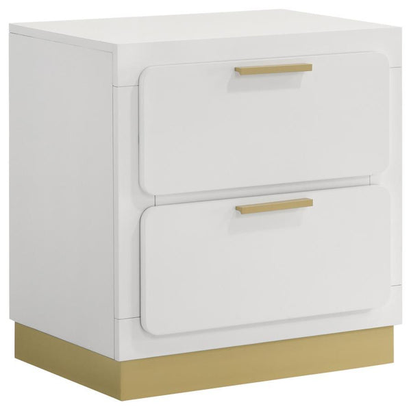 Put the finishing touches on a chic bedroom with a modern two-drawer nightstand. In white with metallic gold embellishments, it-'s the perfect solution for nighttime storage. Drawer fronts feature rounded corners for a softened look and feel. Use the top 