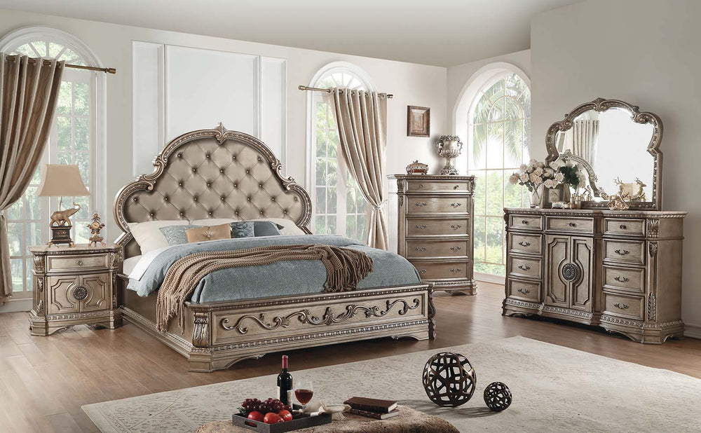 The Northville traditional design of this collection is distinguished by flowing lines and decorative details on every piece-curved fronts and tops, acanthus leaf accents, elaborately carved bracket feet and ornate pulls in an antique renter finish. The t