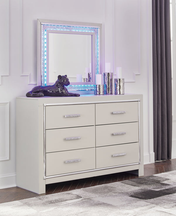  bold luxury. This dresser with mirror dazzles with its attention to detail. Your love of glamorous style is reflected in its all-over faux gator in a metallic finish