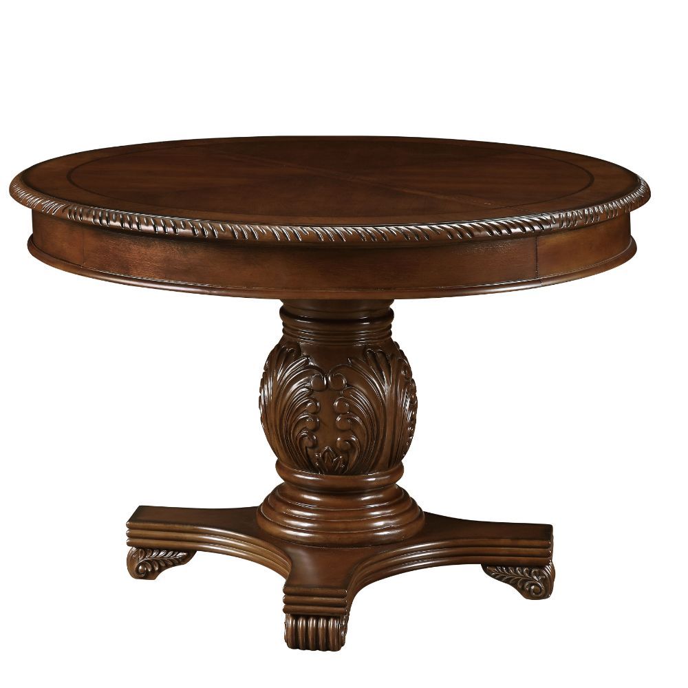 Single Pedestal Table Extension: Round Top Extends to an Oval Top with Removable Leaf (1 x 18-") Wooden Top with Grooved Trim Wooden Pedestal with Raised Floral Motifs Padded Seat & Back Wooden Queen Anne Leg Matching Hutch & Buffet with Light Function, B