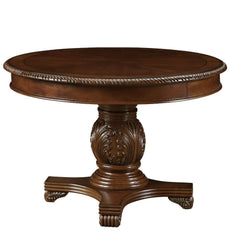 Single Pedestal Table Extension: Round Top Extends to an Oval Top with Removable Leaf (1 x 18-") Wooden Top with Grooved Trim Wooden Pedestal with Raised Floral Motifs Padded Seat & Back Wooden Queen Anne Leg Matching Hutch & Buffet with Light Function, B