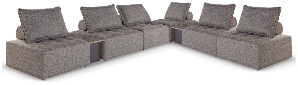 This modular seating set seeks to bring serenity to your outdoor seating area. Channeling Japandi and casual contemporary aesthetics, its low profile encourages laid-back living without sacrificing sophistication. The included back cushions complete momen
