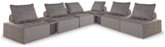 This modular seating set seeks to bring serenity to your outdoor seating area. Channeling Japandi and casual contemporary aesthetics, its low profile encourages laid-back living without sacrificing sophistication. The included back cushions complete momen