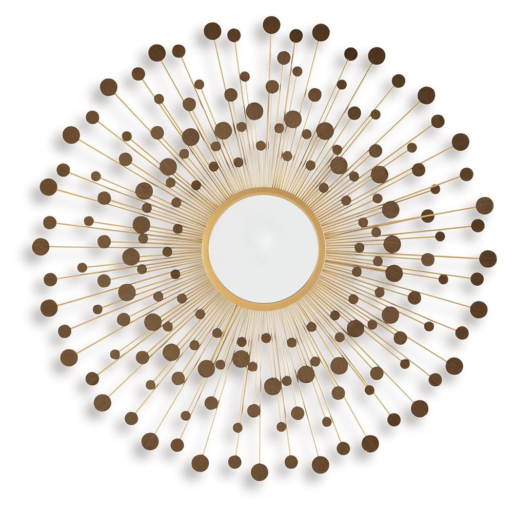 Light and bright, this accent mirror is a trendy take on wall decor. Its metallic spokes splay outward to create a sculpture-like frame. With goldtone and bronze-tone finishes, the piece is a reflection of your eye for contemporary design.<br><br><b>Addit