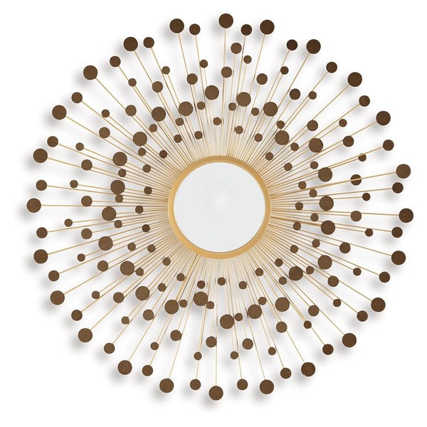 Light and bright, this accent mirror is a trendy take on wall decor. Its metallic spokes splay outward to create a sculpture-like frame. With goldtone and bronze-tone finishes, the piece is a reflection of your eye for contemporary design.<br><br><b>Addit