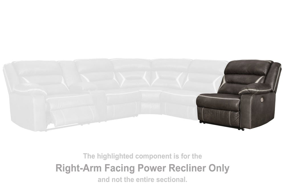 This right-arm facing power recliner is made with polyester/polyurethane upholstery. Pairs with other items in the series to make a sectional.<br><br><b>Additional Dimensions</b><br><ul><li>Arm height: 26.5-"</li><li>Distance between recliner and wall: 4-