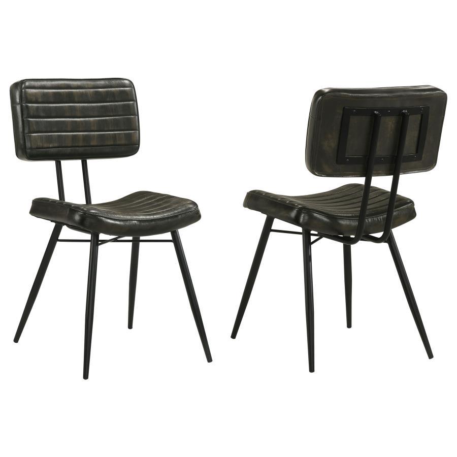 Blending industrial edge with vintage charm, this dining side chair is a striking addition to any dining space. Upholstered in hand-dyed genuine goat leather, the padded seat and backrest offer both comfort and durability. Vertical tufting details enhance