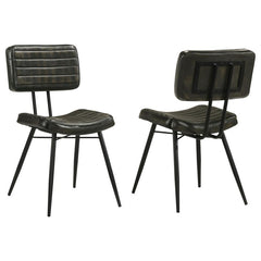 Blending industrial edge with vintage charm, this dining side chair is a striking addition to any dining space. Upholstered in hand-dyed genuine goat leather, the padded seat and backrest offer both comfort and durability. Vertical tufting details enhance