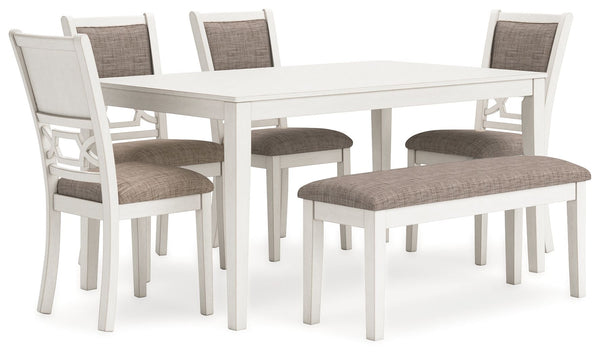 Come together for a delightful dining experience. Chic and relaxed, this dining set effortlessly captivates with its elegant simplicity. The timeless design of the table, chairs and bench pairs a crisp white hue with gray textured upholstery. It-'s a fres