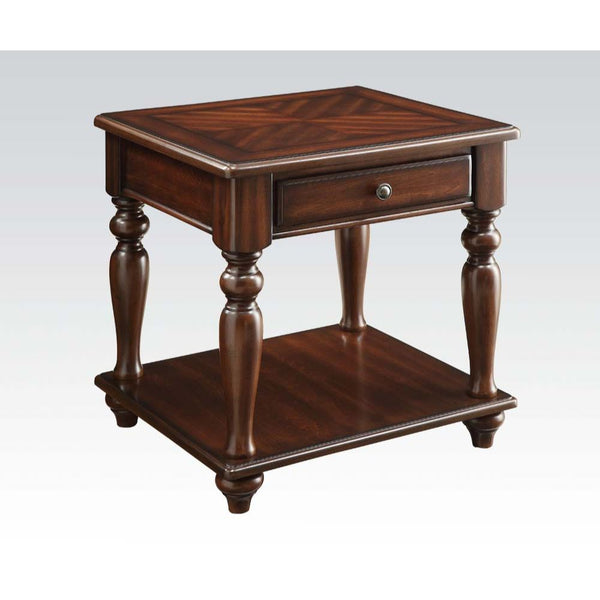 KD, Square E/T: 1 Drw & Bottom Shelf Top: Parquet Design Turned Leg Drawer GLIDE Center Wood (2/3 Ext), DT Not Included, Felt-Lined Included<br/><br/><b>Product Features</b><ul><li>Case: 1Pc/1Ctn</li><li>Finish: Walnut</li><li>Style: Traditional</li><li>M