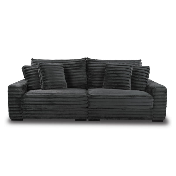 This two-piece Embrace sofa in charcoal gray is designed to transform your living space into a haven of comfort and style. Made from 100% polyester fabric with a plush, blanket-like texture, it promises ultimate relaxation. The set includes a right arm fa