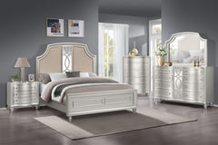 Experience timeless sophistication with the Reflection 5 Piece Bedroom Set in Silver, comprising a stunning bed, dresser, mirror, chest, and nightstand. Crafted from solid Pine and manufactured wood, this collection ensures lasting durability and strength