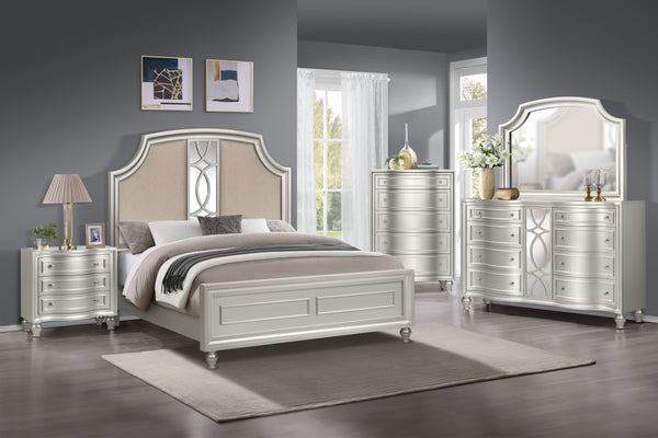 Experience timeless sophistication with the Reflection 5 Piece Bedroom Set in Silver, comprising a stunning bed, dresser, mirror, chest, and nightstand. Crafted from solid Pine and manufactured wood, this collection ensures lasting durability and strength