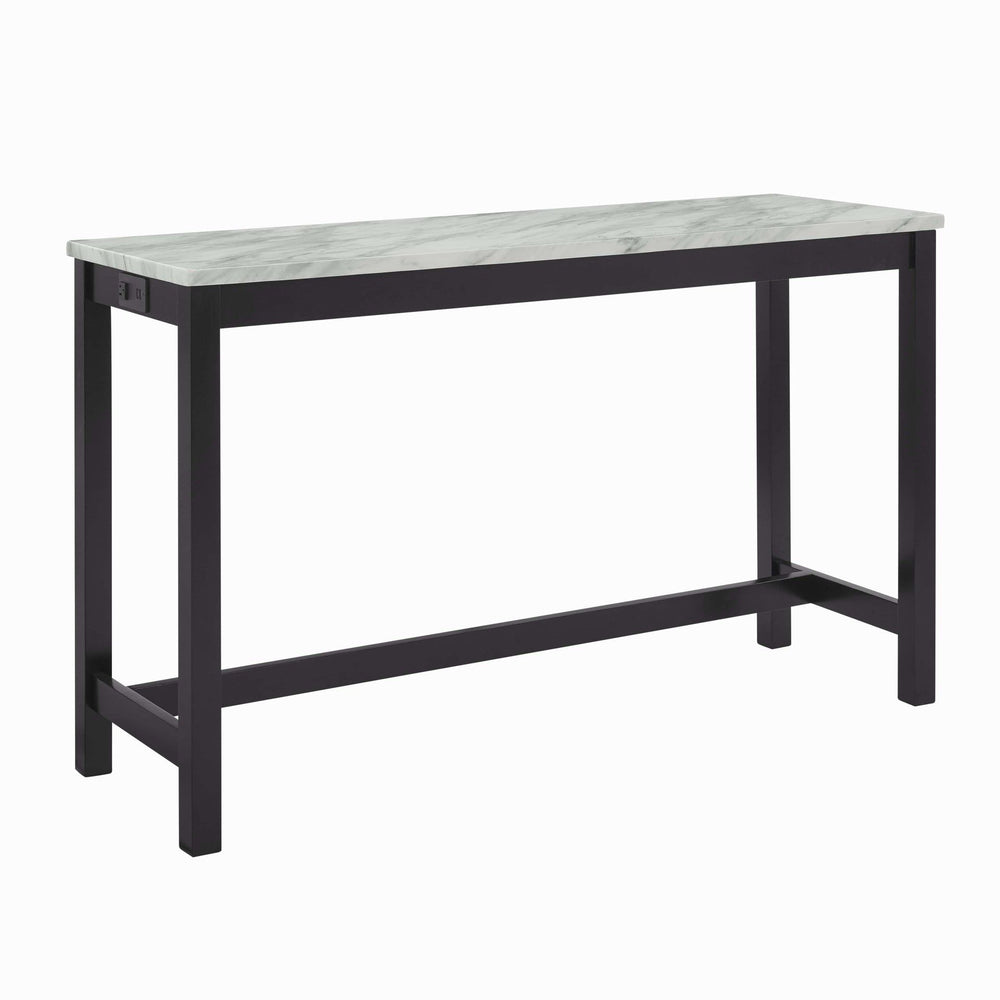 The Celeste 4-Piece Theater Bar Table Set is the epitome of contemporary design seamlessly blended with functional features. This set includes a 60-inch counter table and three black velvet stools, all adorned with an espresso base and a faux marble top i