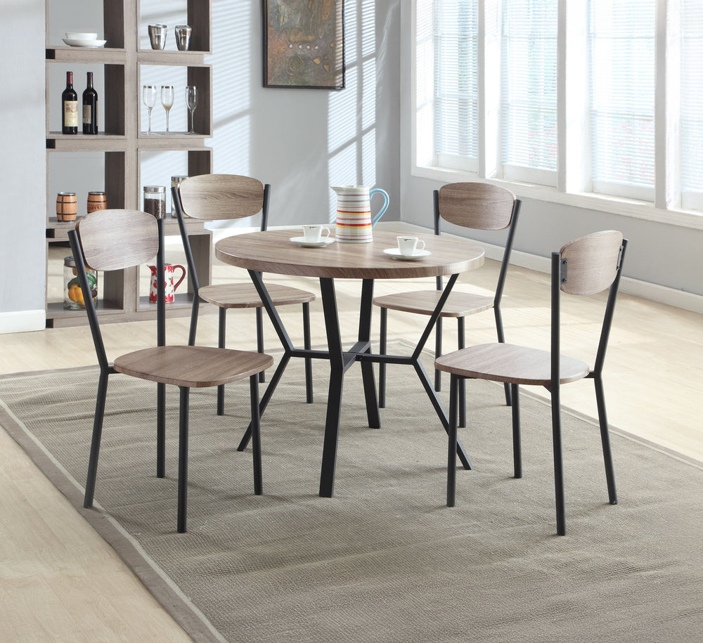 This 5 pack dining group features contemporary look with a modern rustic gray finish. The faux wood grain PVC veneer is durable and easy to care for. The compact size is perfect for an apartment or eat-in kitchen space.<br/><br/><b>Product Features</b><ul