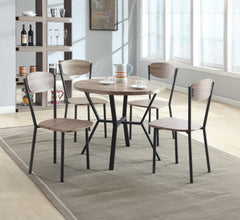 This 5 pack dining group features contemporary look with a modern rustic gray finish. The faux wood grain PVC veneer is durable and easy to care for. The compact size is perfect for an apartment or eat-in kitchen space.<br/><br/><b>Product Features</b><ul