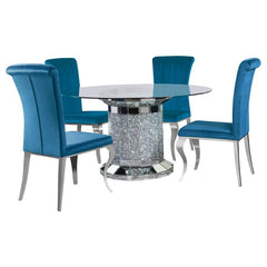 Invite over a few guests to celebrate at this modern glam dining table. A round, clear glass top reveals the scintillating column-inspired pedestal frame beneath, offering an open and airy look. Sparkling faux diamonds are encrusted within the base for a 