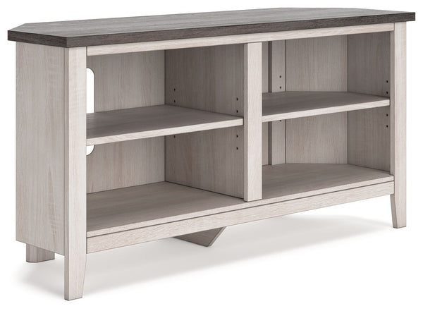 With its minimalist charm, this TV stand is right in tune with your relaxed approach to high style. Beautifully shaped to nestle into any corner, itâ€™s well equipped with a flexible open-concept design and cutouts for wire management that enhance the cle