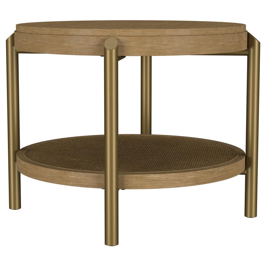 This round end table showcases a refined blend of natural and industrial elements, perfect for modern interiors. Crafted from Asian hardwood, engineered wood, and ash veneer, its finish highlights the table-'s organic grain for a subtle, rustic appeal. Th