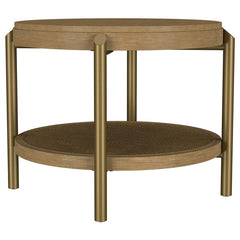 This round end table showcases a refined blend of natural and industrial elements, perfect for modern interiors. Crafted from Asian hardwood, engineered wood, and ash veneer, its finish highlights the table-'s organic grain for a subtle, rustic appeal. Th