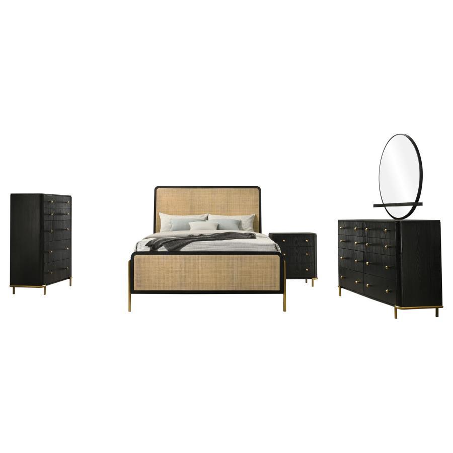 Hint of soft, muted gold instantly elevate the look and feel of a five-piece modern bedroom set. It centers on chic bed with a contemporary open profile and woven rattan head and footboards in a natural hue, Black finish framing and muted gold legs comple