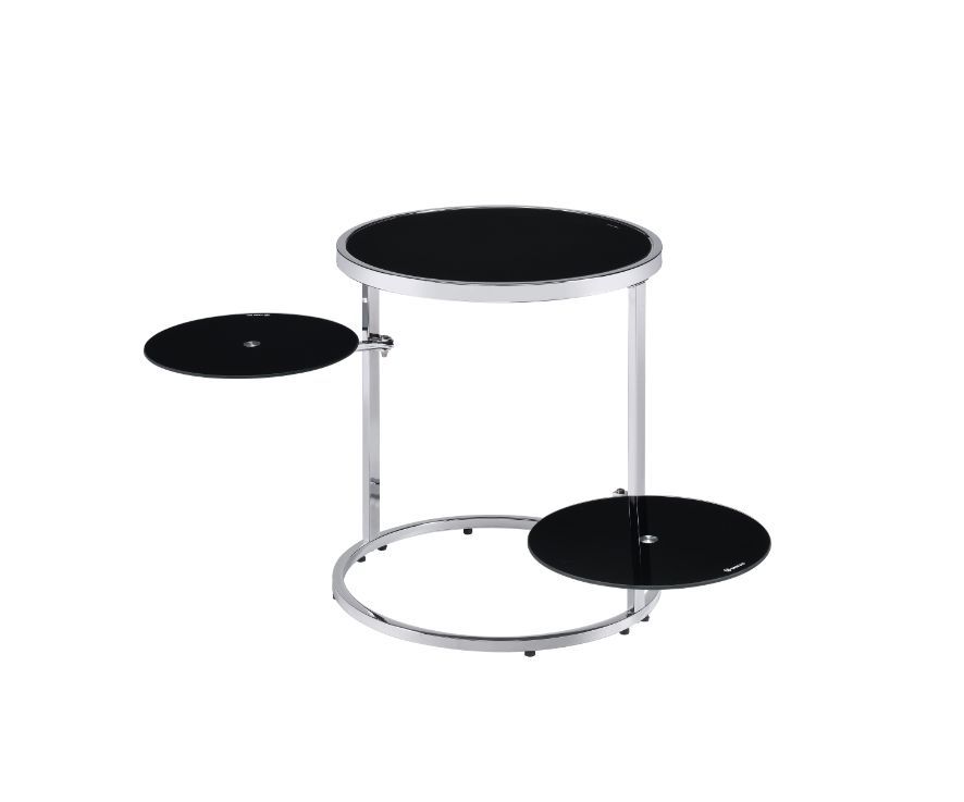 KD Round Side Table 2 Swiel Tier Shelf Open Frame Tempered Glass Top Thickness: 1-"<br/><br/><b>Product Features</b><ul><li>Case: 1Pc/1Ctn</li><li>Finish: Black & Chrome Finish</li><li>Style: Contemporary</li><li>Materials: Metal, Glass</li></ul><br/>