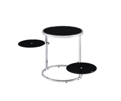 KD Round Side Table 2 Swiel Tier Shelf Open Frame Tempered Glass Top Thickness: 1-"<br/><br/><b>Product Features</b><ul><li>Case: 1Pc/1Ctn</li><li>Finish: Black & Chrome Finish</li><li>Style: Contemporary</li><li>Materials: Metal, Glass</li></ul><br/>